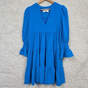 Pomander Place Kenzo Tiered Mini Dress Women S Blue Split Neck Long Sleeve